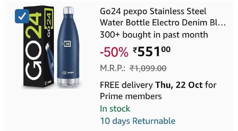 Pexpo Hot and Cold Stainless Steel Water Bottle (980ml) at Rs.502 Regular price 949