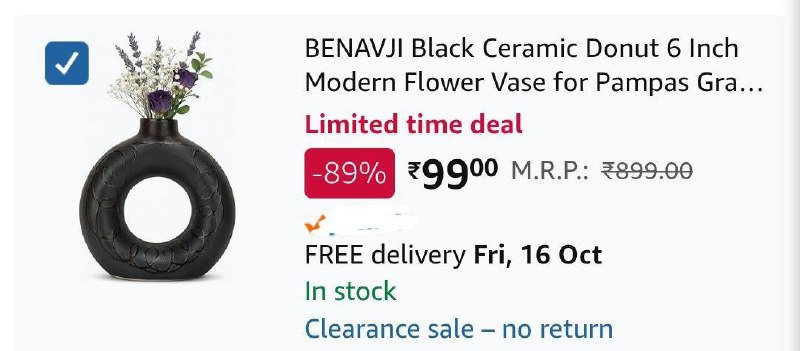 Grab : Black Ceramic Modern Flower Vase @ Rs.99