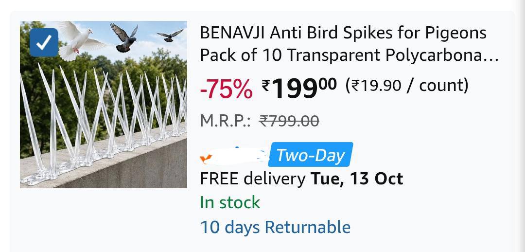Grab : Anti Bird Spikes for Pigeons (Pack of 10) at Rs.199