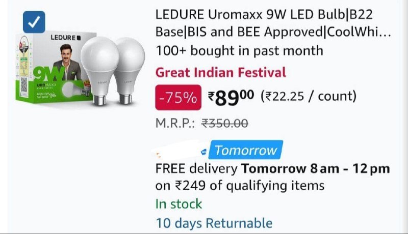 9W LED Bulb (Pack of 2) @ Rs.89
