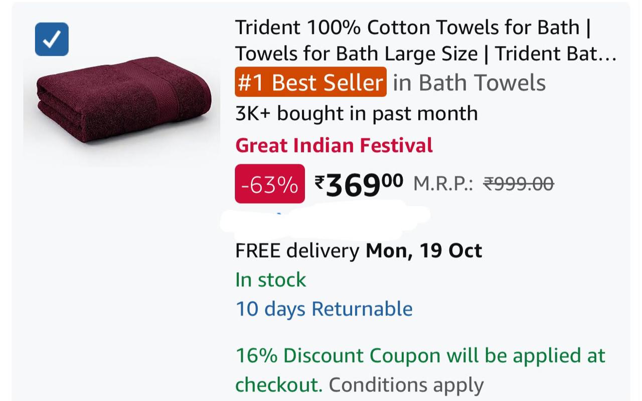 Trident Bath Towel 450 gsm at Rs.310. Apply ₹59 Coupon :