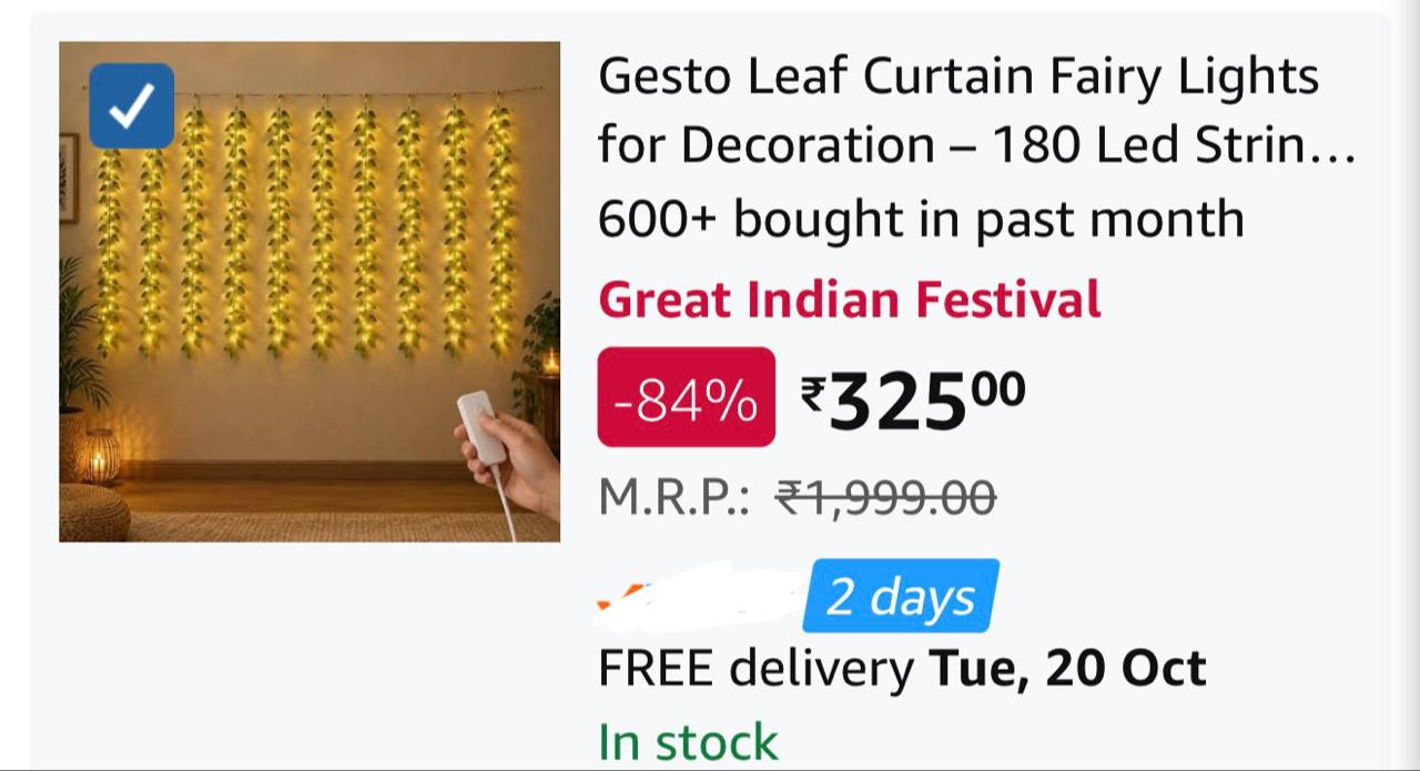Leaf Curtain Fairy 180 Lights at Rs.325.