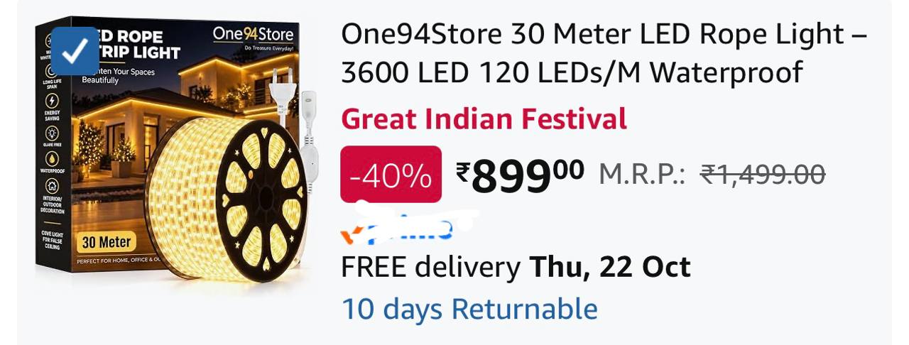 One94Store 30 Meter LED Rope Light 3600 LED @ Rs.899