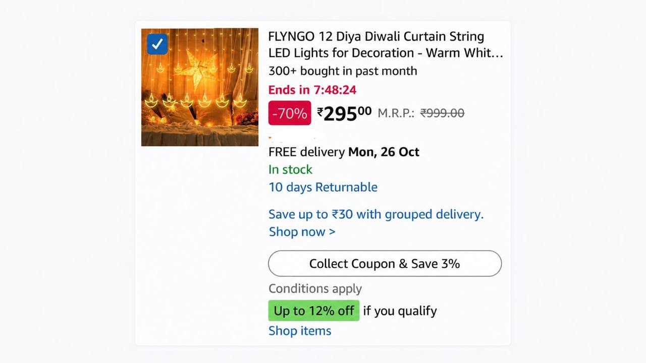 FLYNGO 12 Diya Diwali Curtain String LED Lights for Decoration at Rs.295.