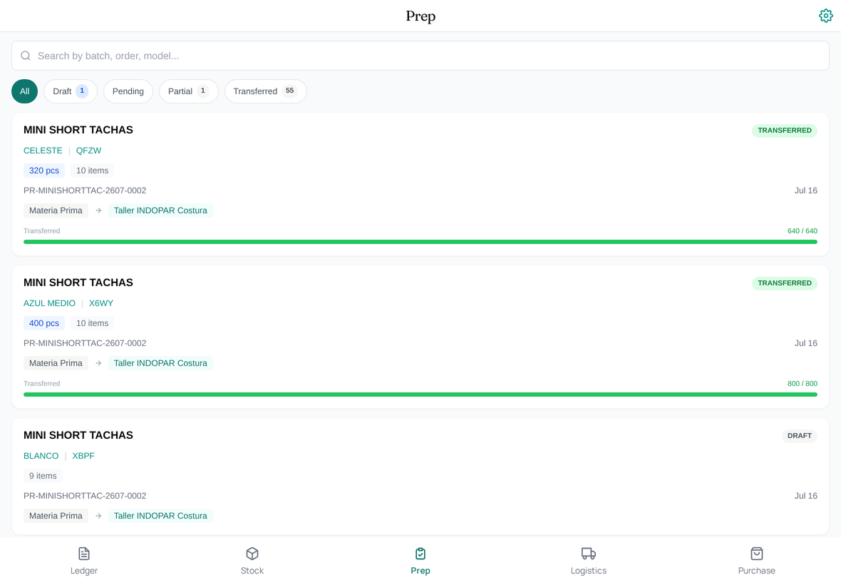The Prep view in the Logistics App on a tablet: the search bar and status filters (Draft, Pending, Partial, Transferred) above the Material Request cards, each showing pieces, item count, source and target locations, and a transfer progress bar.