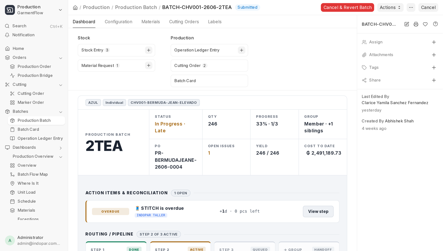 A Production Batch's Dashboard tab: linked Stock and Production documents at the top, the batch header card with status "In Progress · Late", quantity, progress, yield and cost to date, an overdue STITCH action item, and the routing pipeline below.