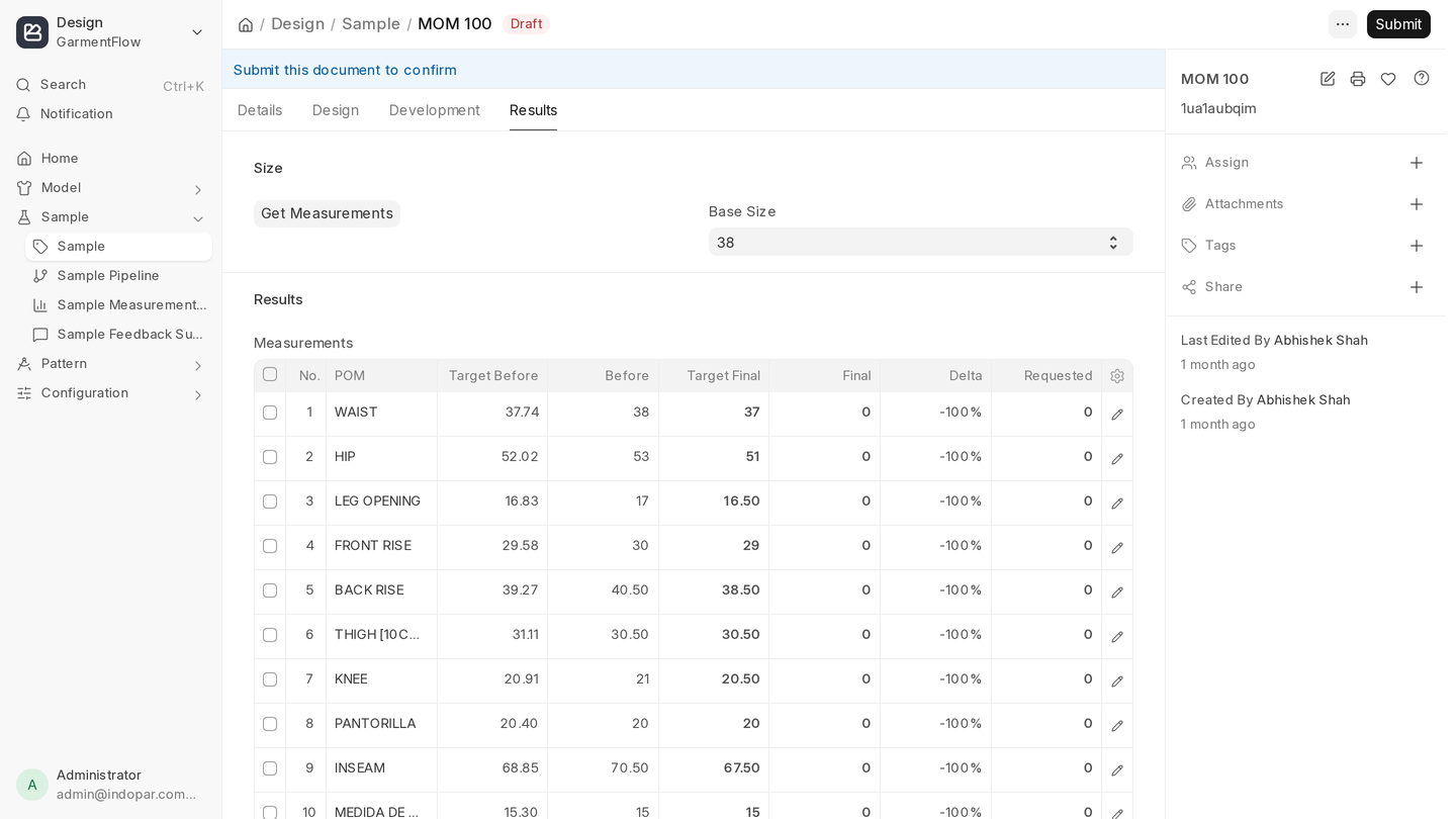 The Sample's Results tab: the Measurements table listing each POM with its target-before, measured-before, target-final, and final values plus the delta column, next to the Get Measurements button and Base Size selector.
