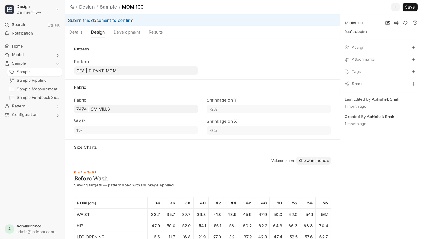 A Sample form open on the Design tab: the Details, Design, Development, and Results tabs across the top, the linked Pattern, the Fabric with its Shrinkage on X/Y factors, and the Before Wash size chart below with its cm/inches display toggle.