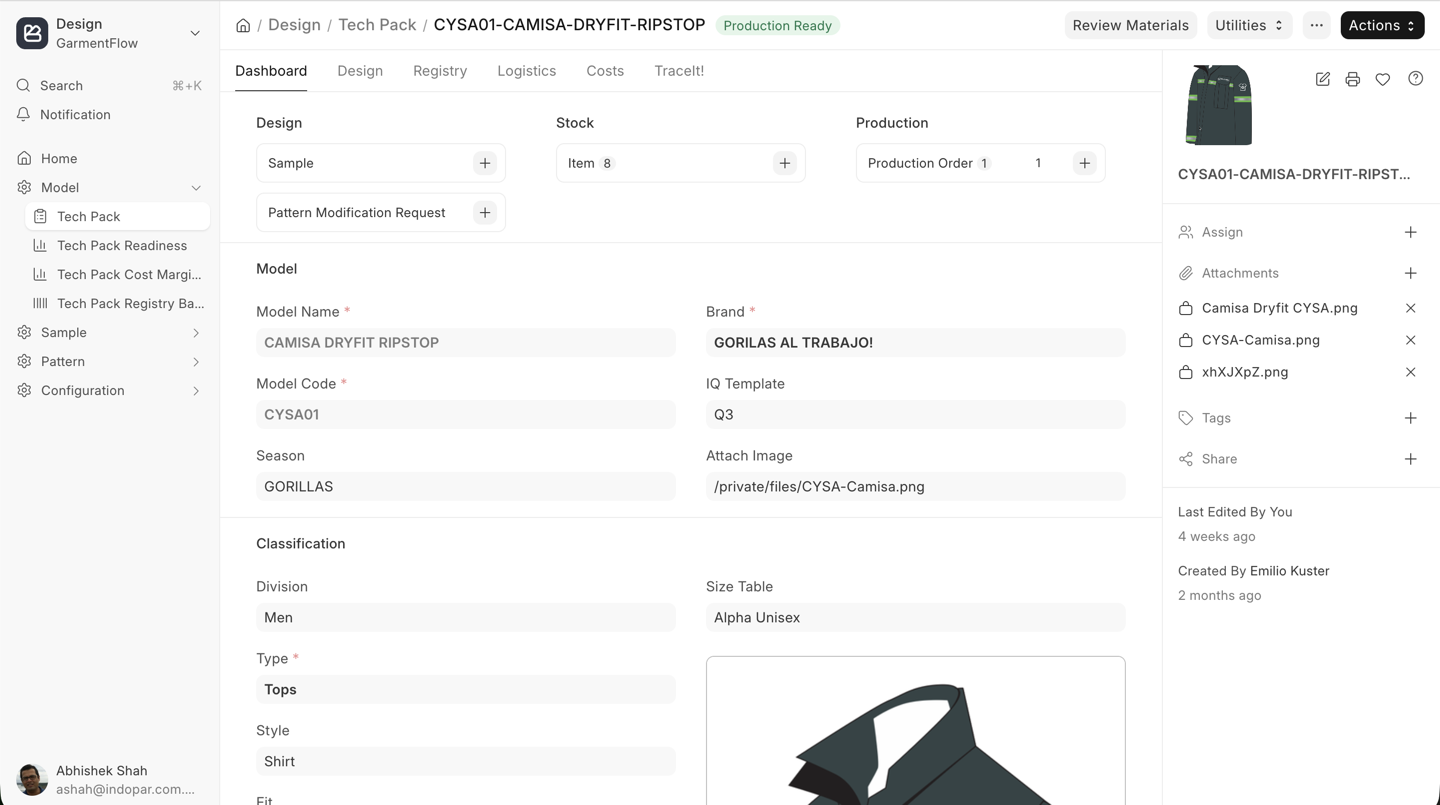 The Tech Pack Dashboard tab showing the Model and Classification sections filled in for a garment style, with the linked sample photo and related-document counts.