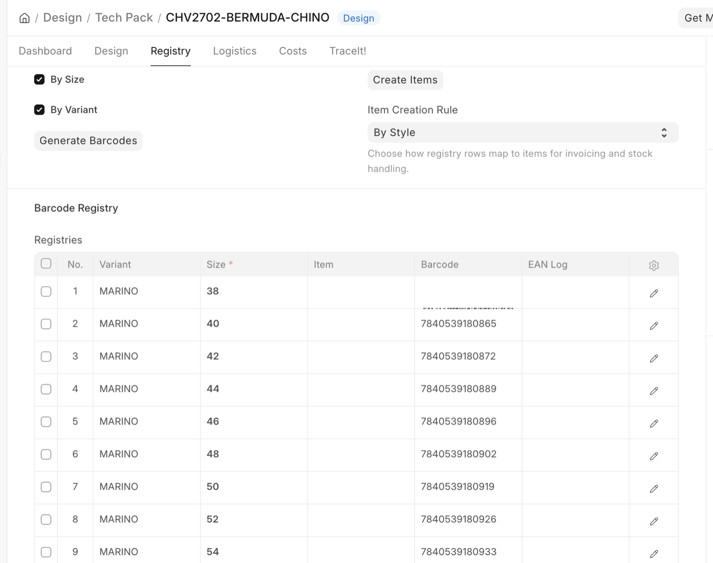 The Registry tab with the Configure section set to By Size and By Variant, an Item Creation Rule of By Style, and the Barcode Registry table below populated with an EAN barcode for every size of the MARINO variant.