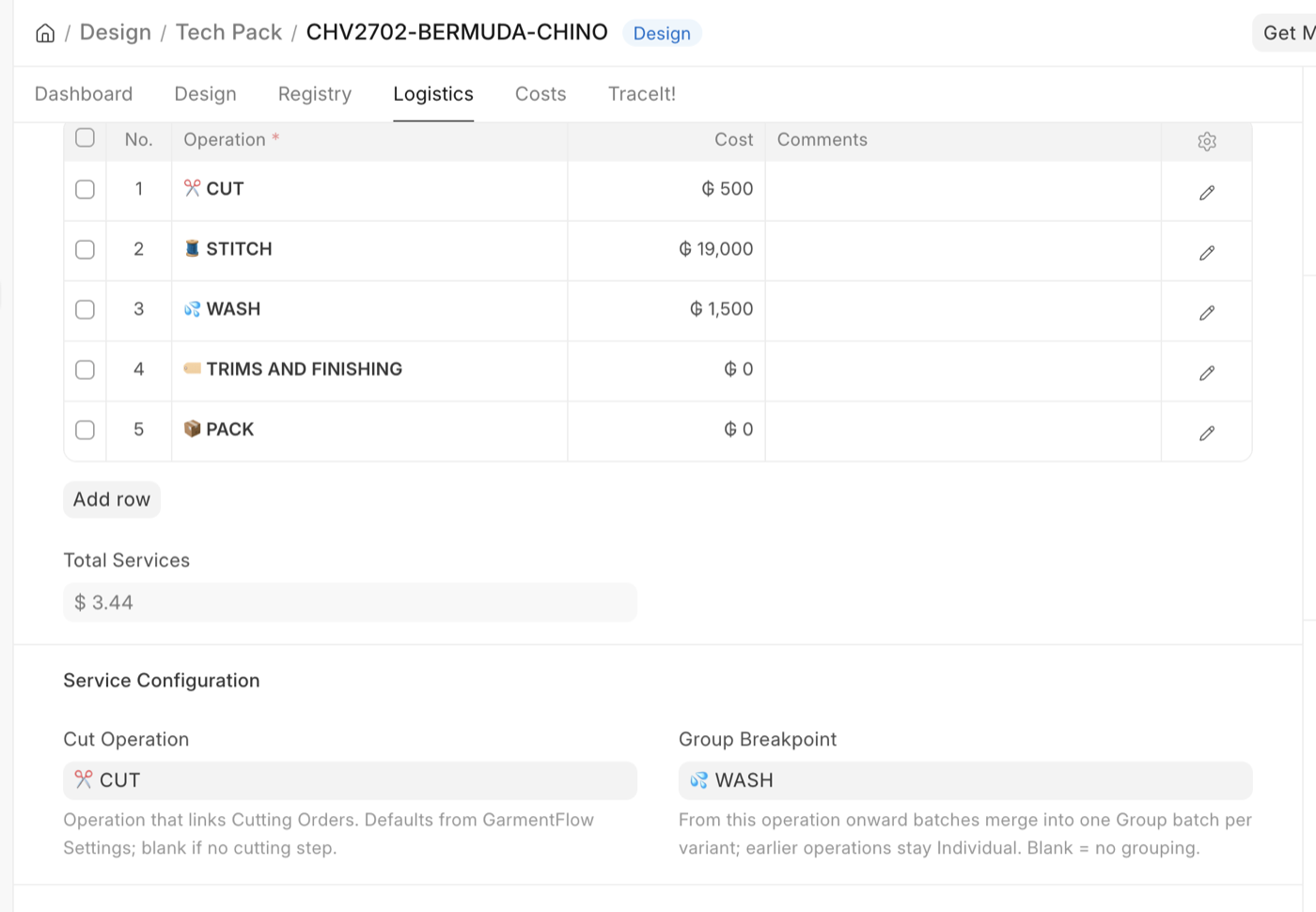 The Service Configuration section: a Services table listing CUT, STITCH, WASH, TRIMS AND FINISHING, and PACK with their per-garment costs, above the Cut Operation field set to CUT and the Group Breakpoint field set to WASH.