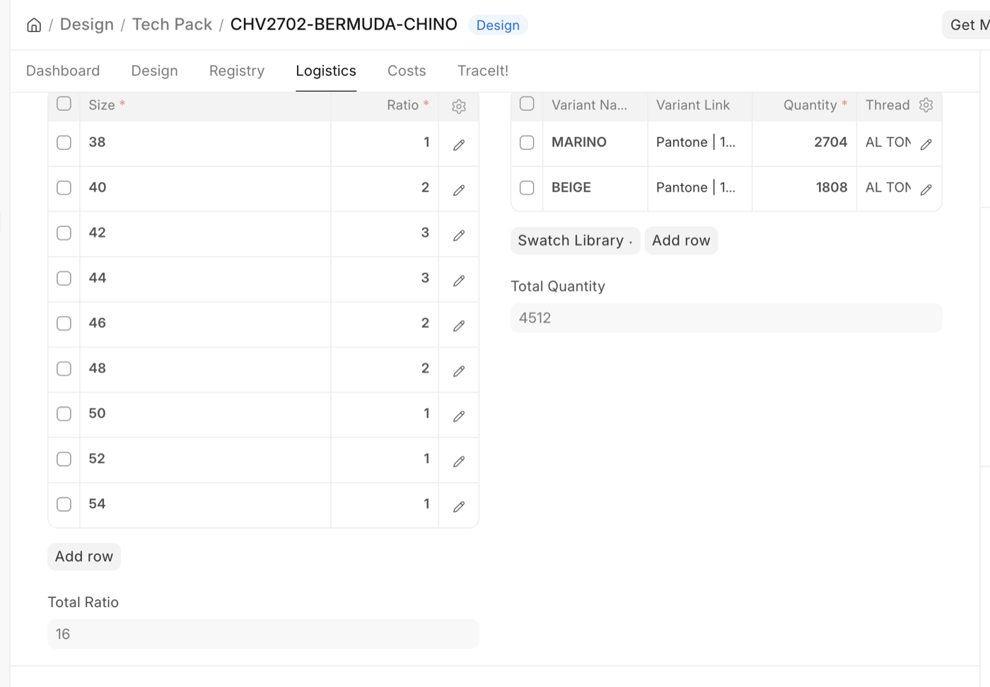The Setup section on the Logistics tab: a Sizes table (38–54 with production ratios, Total Ratio 16) beside a Variants table showing MARINO and BEIGE with their quantities, the Swatch Library button, and a Total Quantity of 4512.