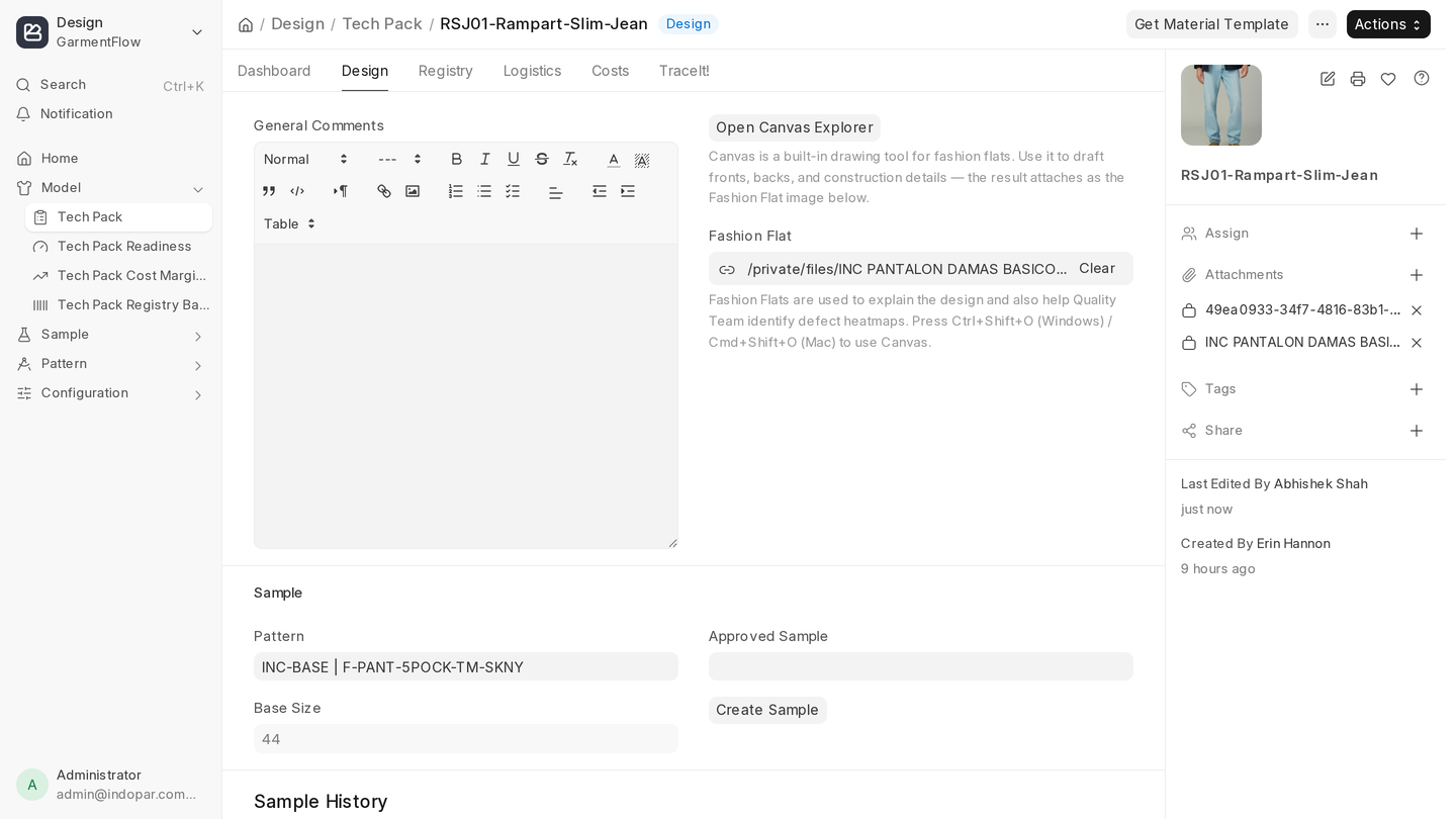 The top of the Design tab: the General Comments editor on the left, and on the right the Open Canvas Explorer button with the attached Fashion Flat file, above the Sample section with its linked Pattern and Base Size.