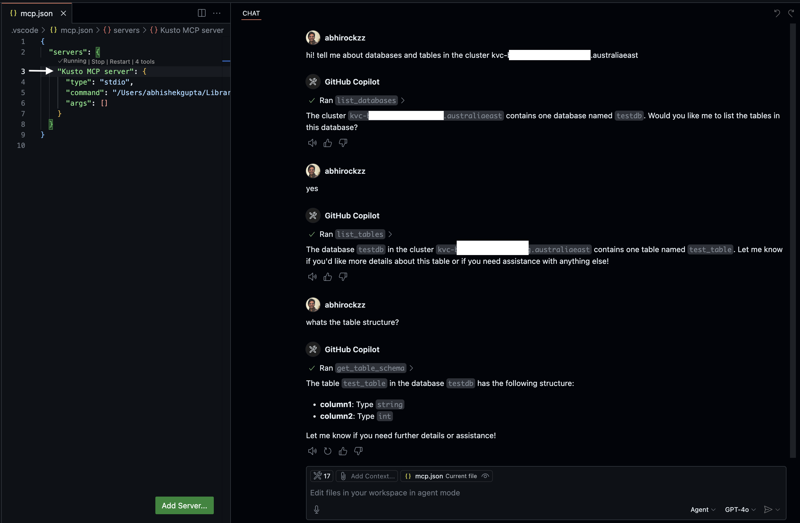 kusto mcp server in action