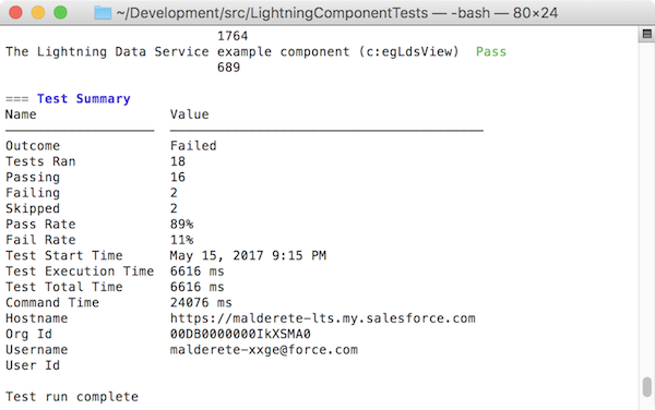 Console output from a successful test suite execution using sfdx