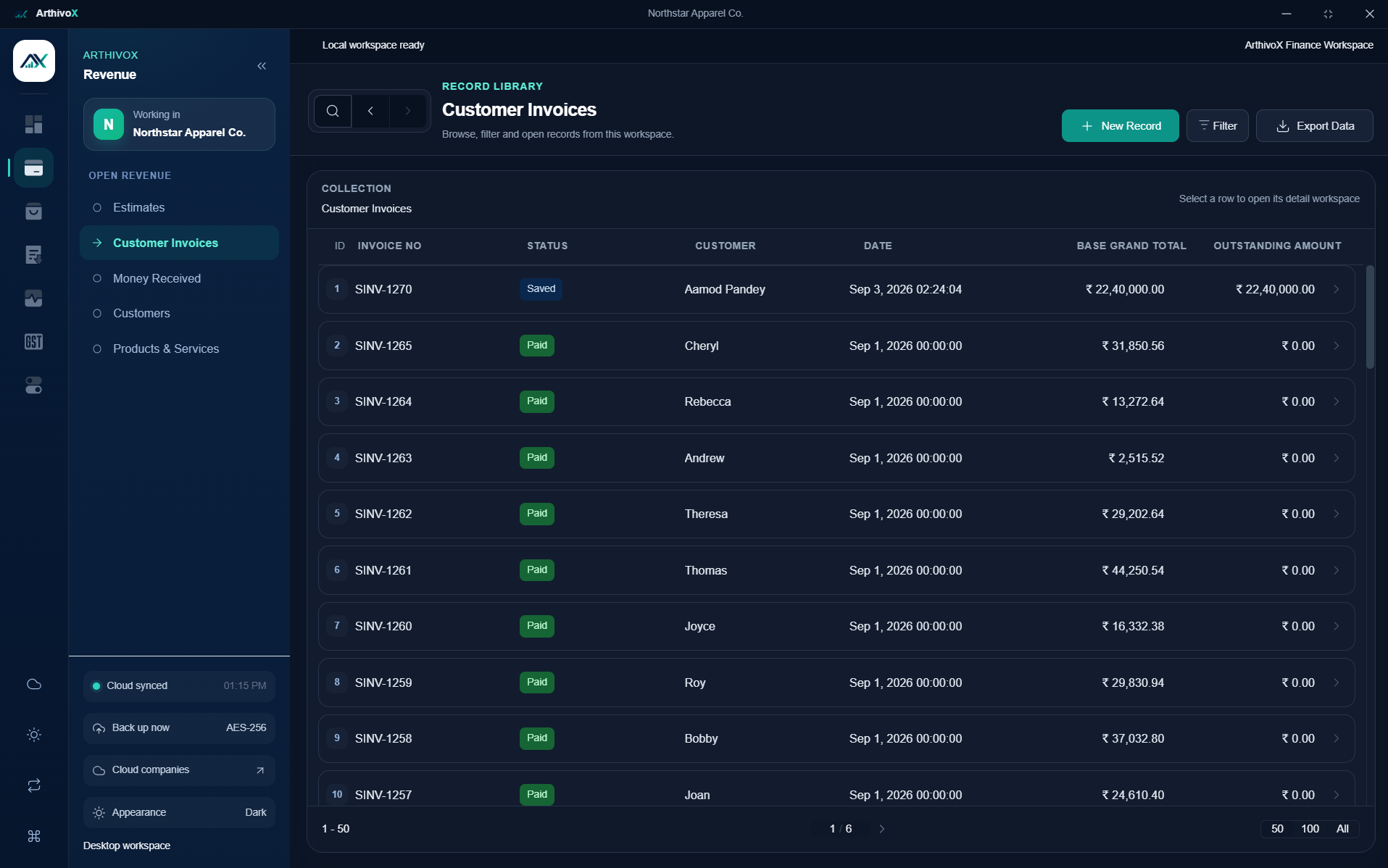 ArthivoX customer invoices