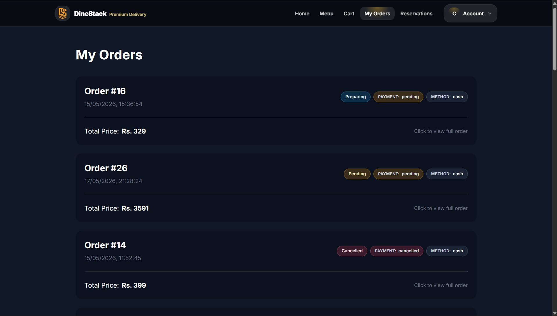 DineStack customer orders