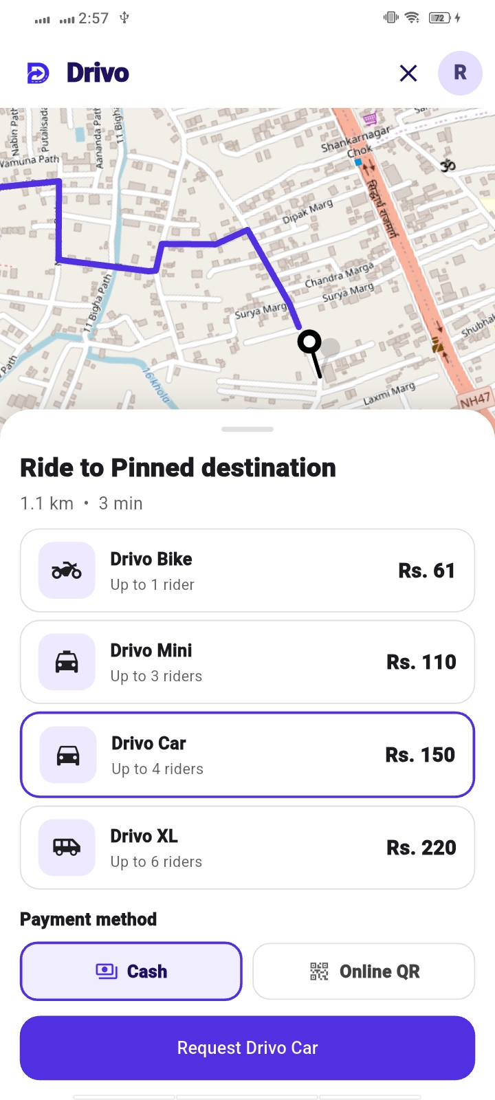 Drivo ride selection screen