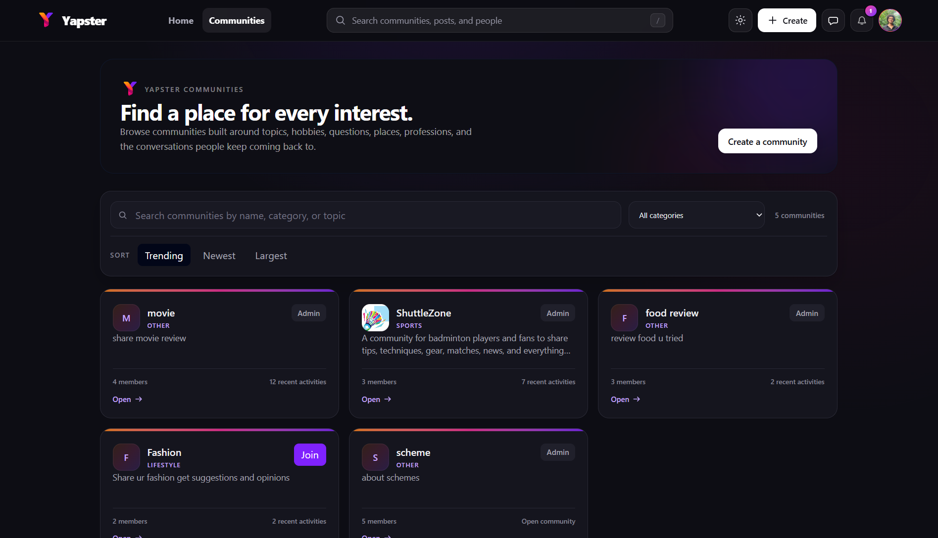 Yapster communities