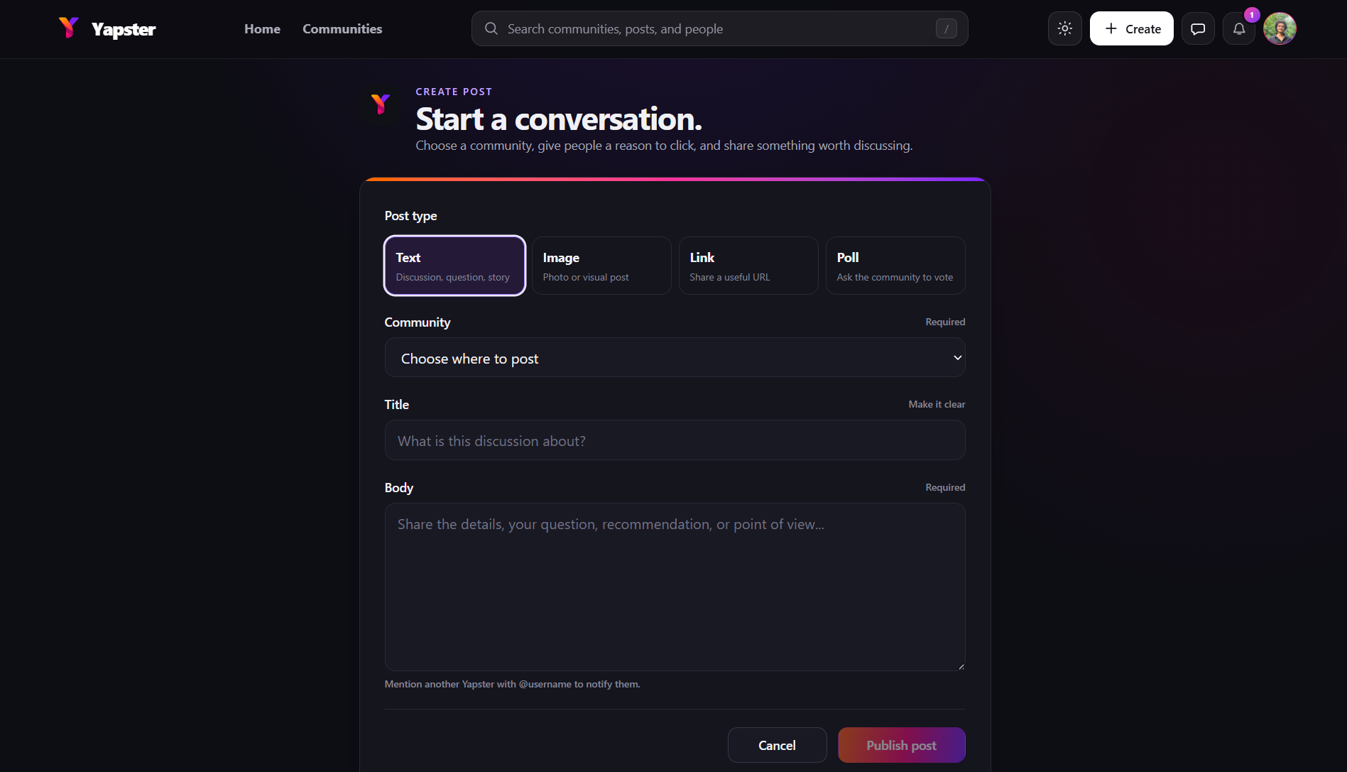 Yapster create post