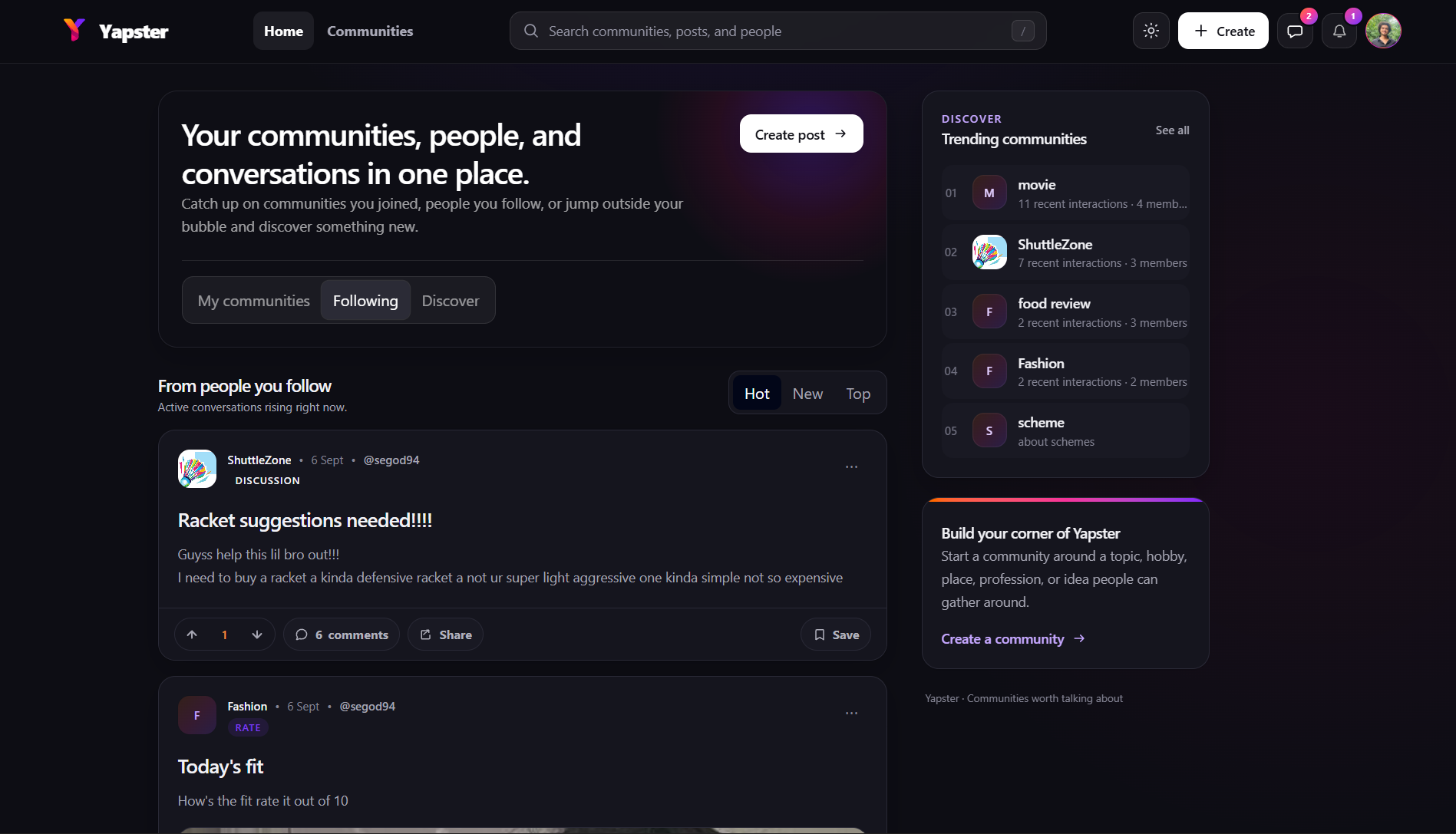 Yapster social platform home interface