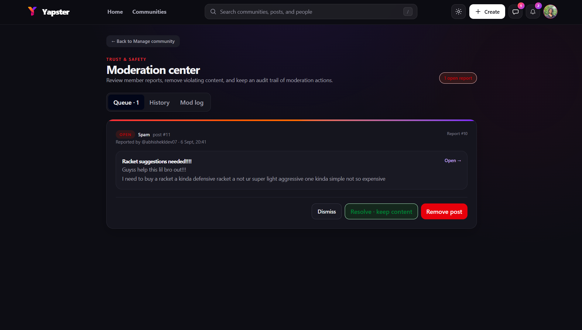 Yapster moderation center