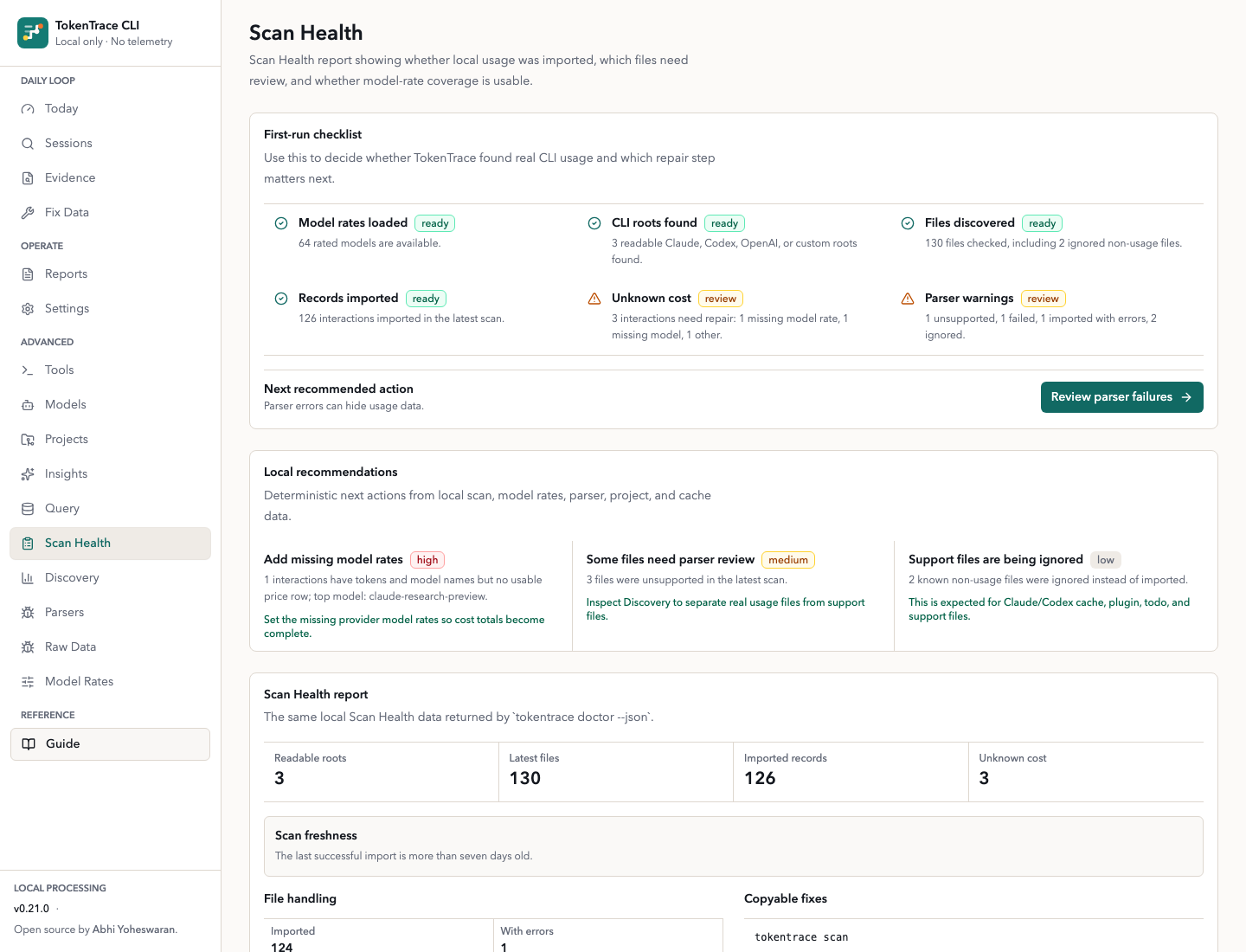TokenTrace Scan Health parser review