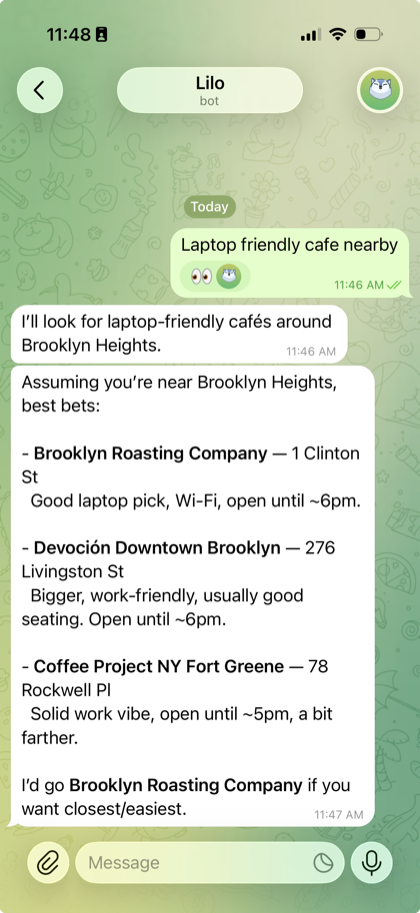 Telegram chat asking Lilo for a laptop-friendly cafe nearby