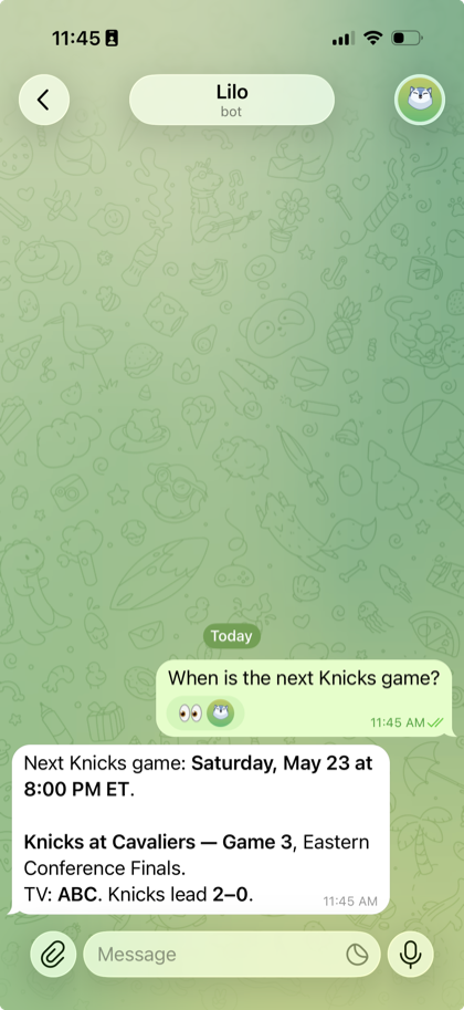 Telegram chat asking Lilo for game updates and summaries