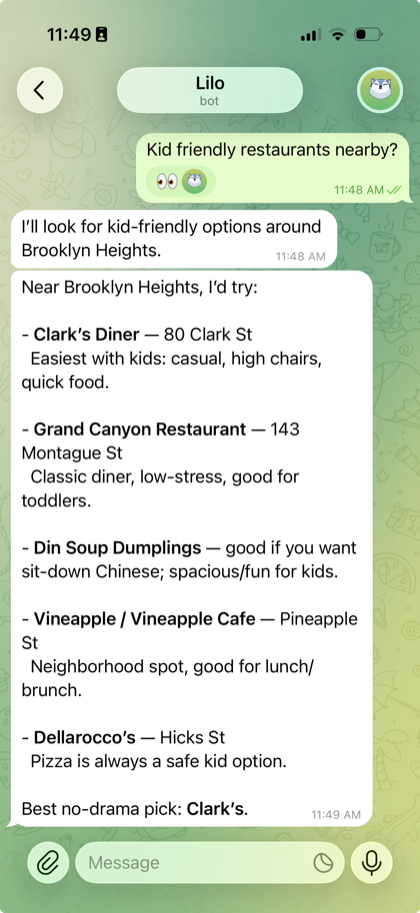 Telegram chat asking Lilo for a kid-friendly restaurant nearby