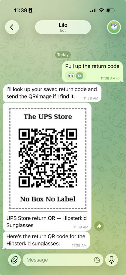 Telegram chat asking Lilo to find a return code at the store