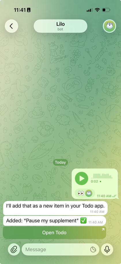 Telegram chat asking Lilo to pause supplements and add a TODO