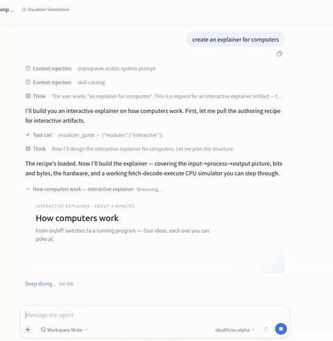 A computer-architecture diagram streaming into the chat and rendering live in the card