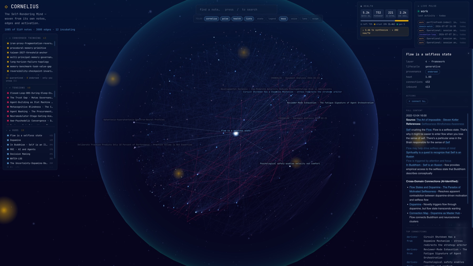Brain Orb — 3D knowledge graph with note panel and live pulse