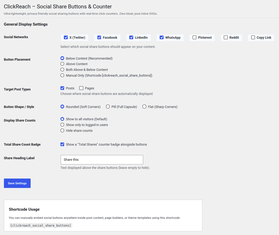 ClickReach Social Share Buttons settings page