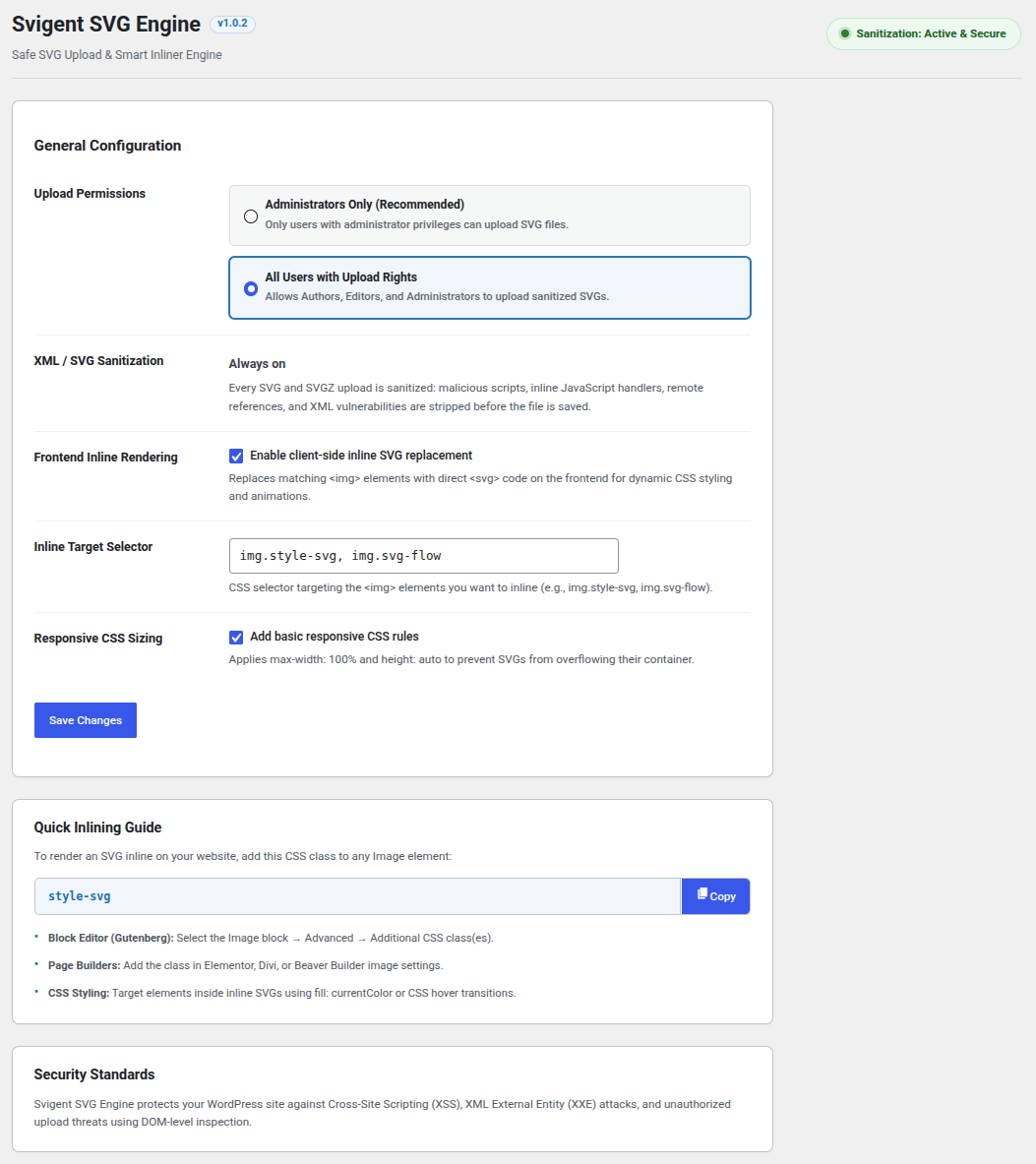Svigent SVG Engine Settings Dashboard