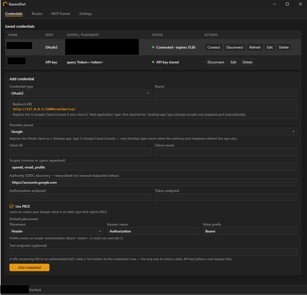 Credentials tab