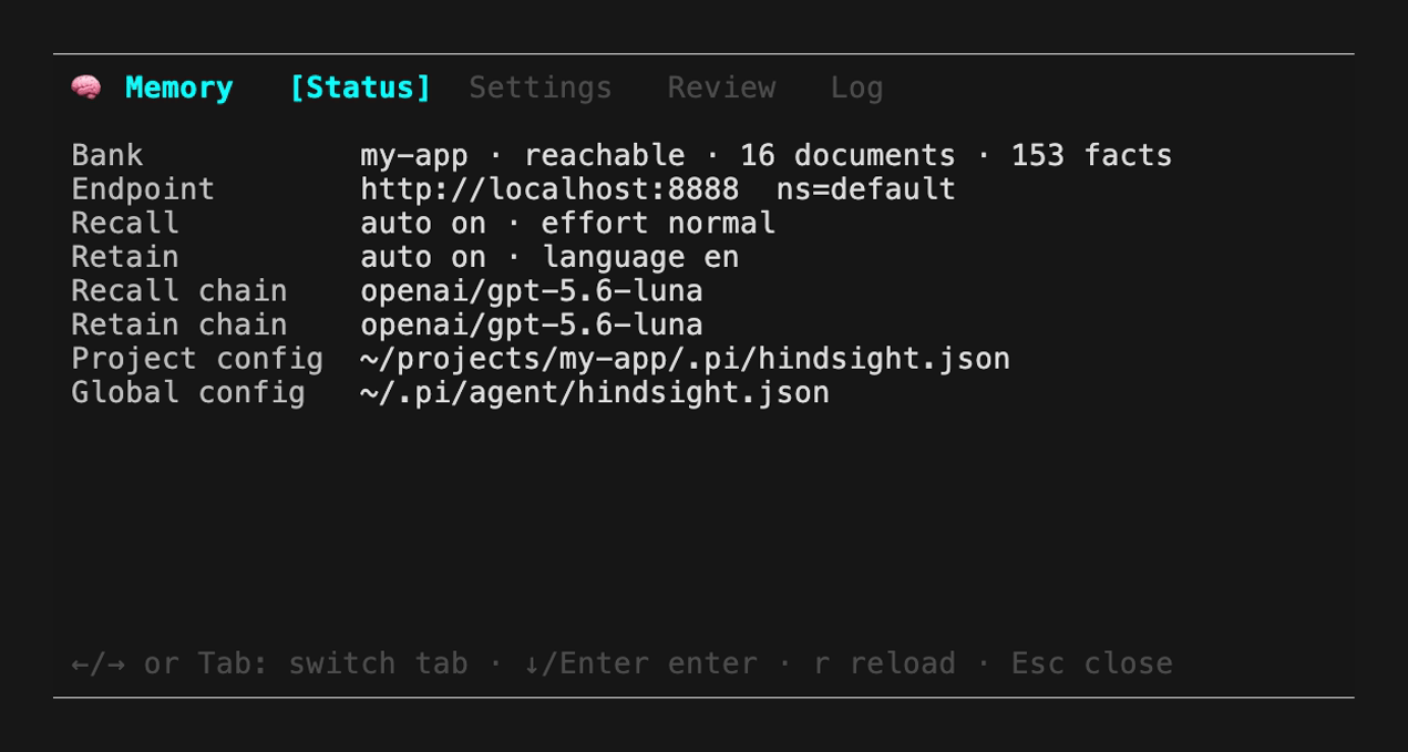 The /mem panel, Status tab