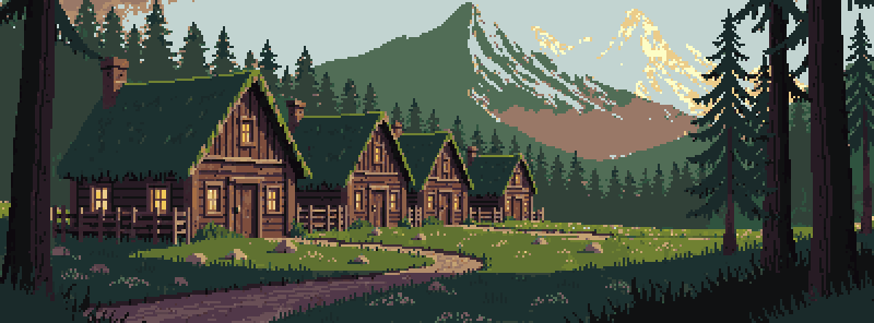 VikingSettlements — a pixel-art village of moss-roofed cabins at the forest's edge
