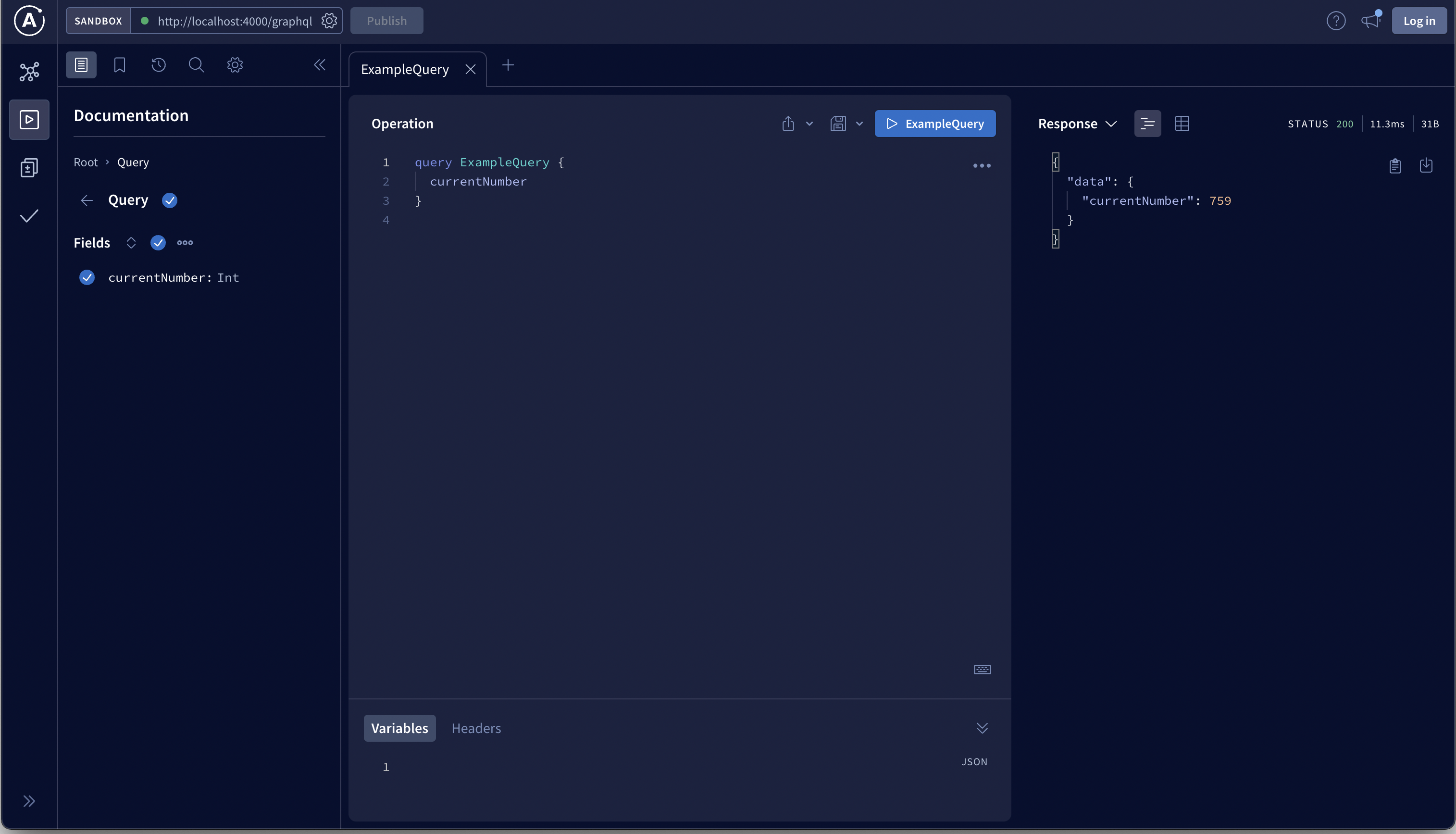 Apollo GraphQL studio showing example query