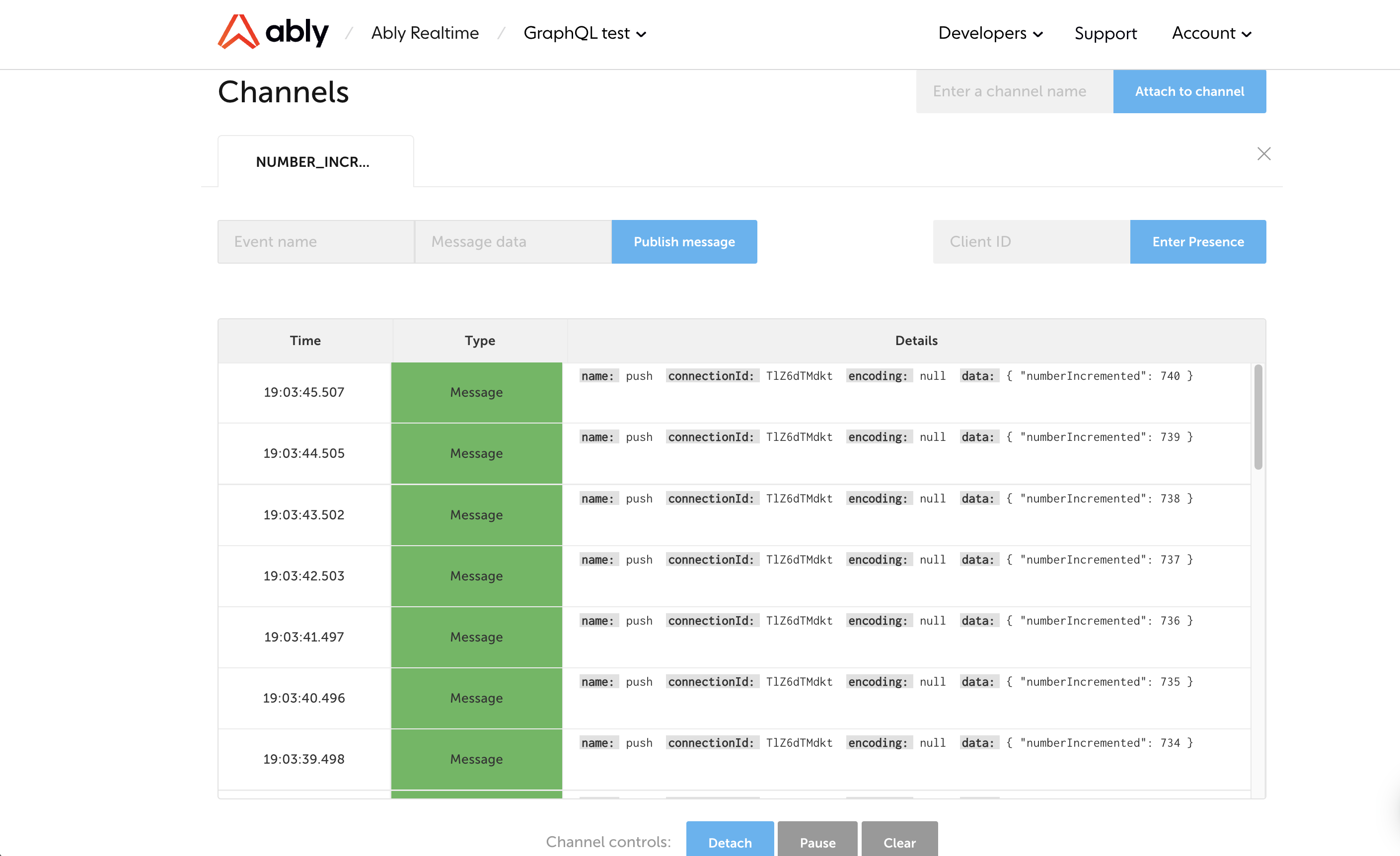Ably Dev console showing realtime channel updates