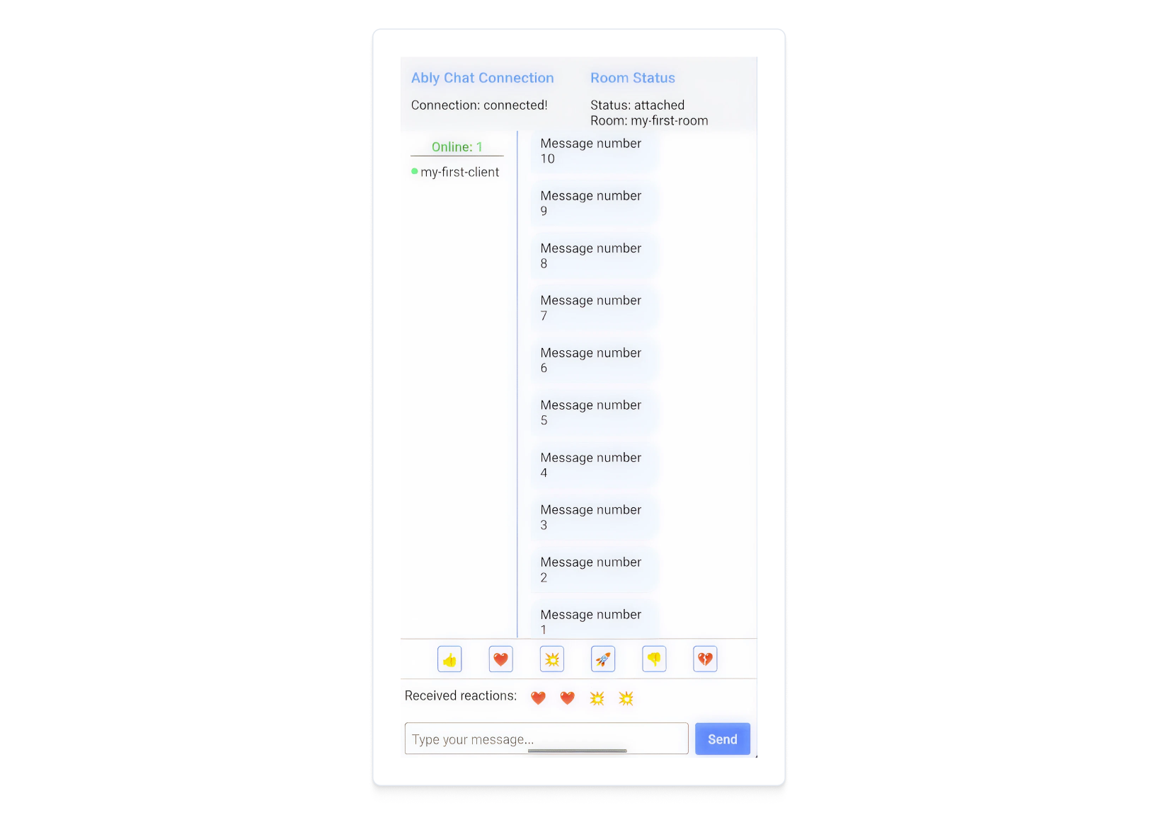 Screenshot of the completed React Native Chat application showing a web interface with connection status, a message input field, realtime message display, and a presence indicator showing online users. The interface demonstrates the key features you'll build including publishing messages, subscribing to receive messages in realtime, and tracking which clients are currently present in the channel.
