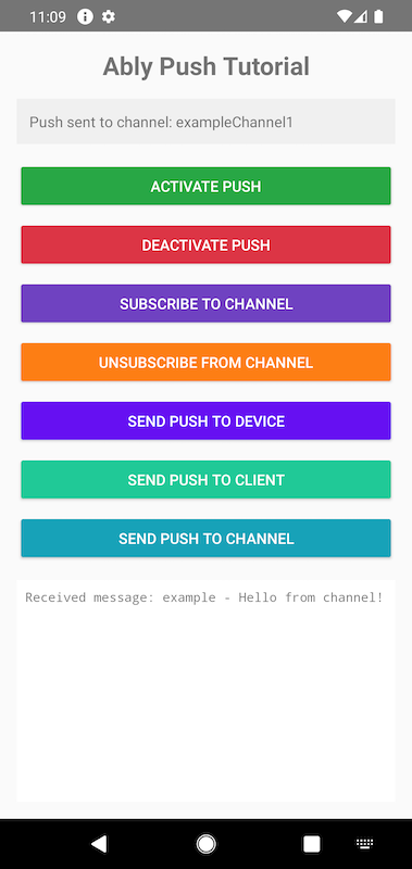Screenshot of the Kotlin push tutorial application