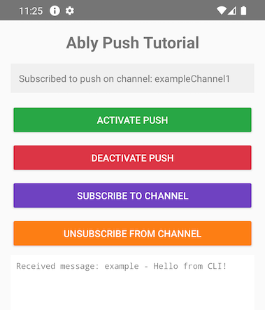 Screenshot of the Kotlin push tutorial application
