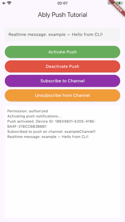 Screenshot of the Flutter push tutorial application