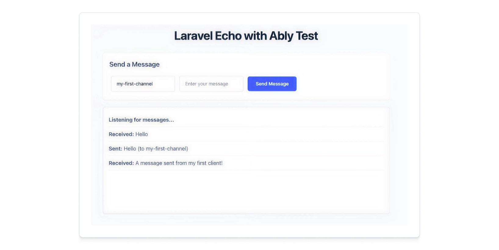 Screenshot showing the Laravel Echo with Ably test page running in a browser
