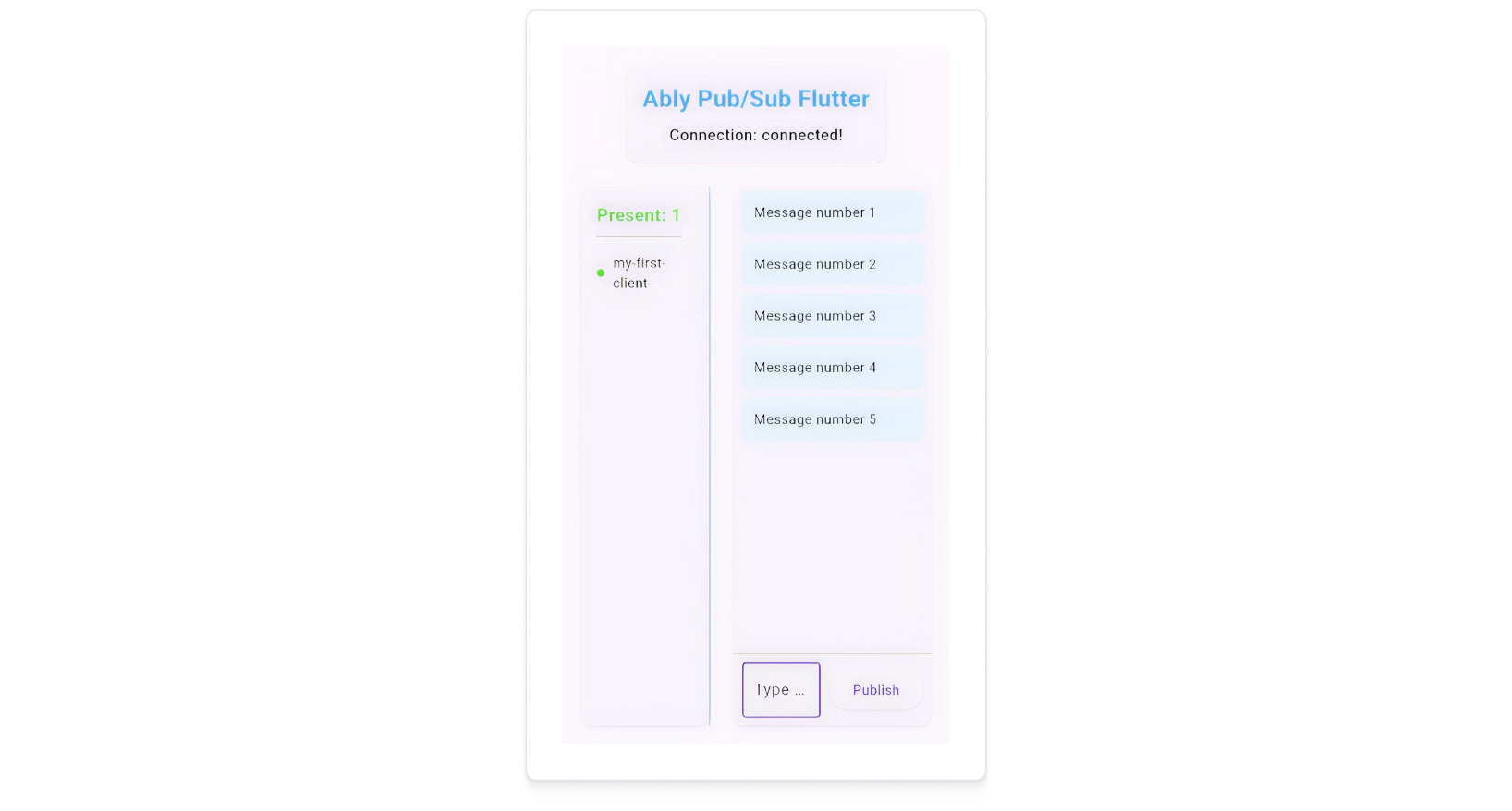 Screenshot of the completed Flutter Pub/Sub application showing a web interface with connection status, a message input field, realtime message display, and a presence indicator showing online users. The interface demonstrates the key features you'll build including publishing messages, subscribing to receive messages in realtime, and tracking which clients are currently present in the channel.