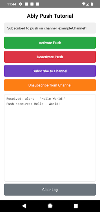 Screenshot of the React Native push tutorial application