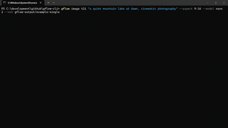 gflow image t2i runs a single 9:16 prompt, streams log output, and writes a PNG