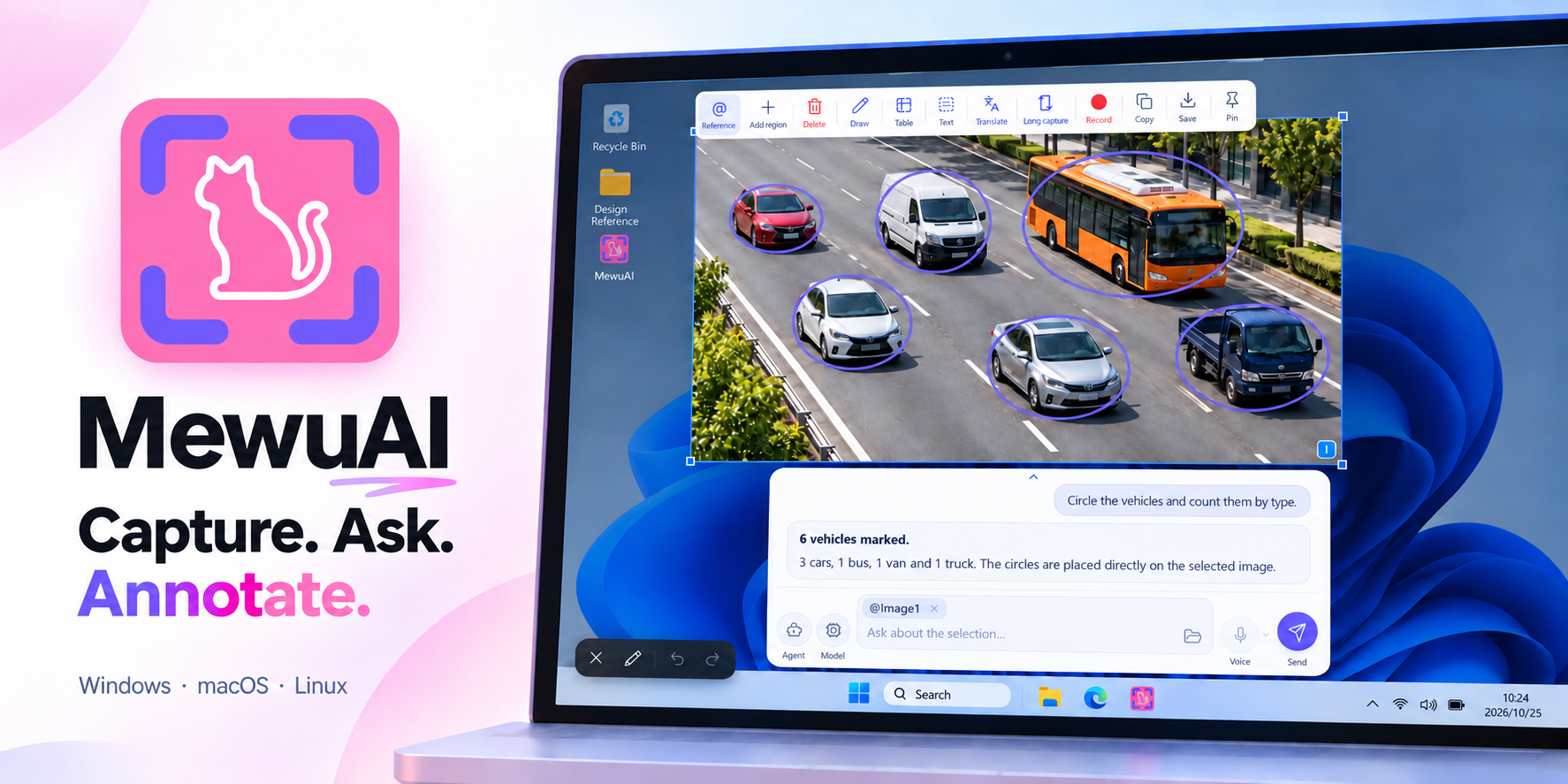 MewuAI cover: capture an image, ask a question, and annotate in place.